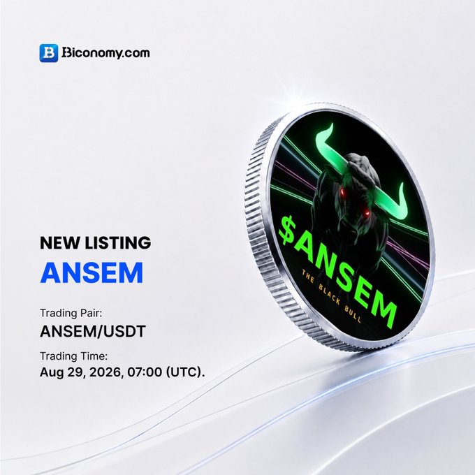 A promotional graphic from Biconomy.com announcing a 'NEW LISTING' for '$ANSEM', trading as the pair 'ANSEM/USDT' with a trading time of 'Aug 29, 2026, 07:00 (UTC)', featuring an image of a coin with a black bull logo.