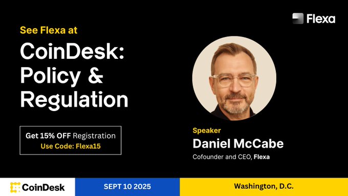 A black promotional banner announces Flexa's presence at the "CoinDesk: Policy & Regulation" event on September 10, 2025, in Washington, D.C., featuring speaker Daniel McCabe (Cofounder and CEO, Flexa) alongside a 15% discount code "Flexa15." The image ties to the post's mention of Flexa ($AMP), highlighting the company's continued industry engagement and leadership amid anticipation of new Fortune 500 partnerships.