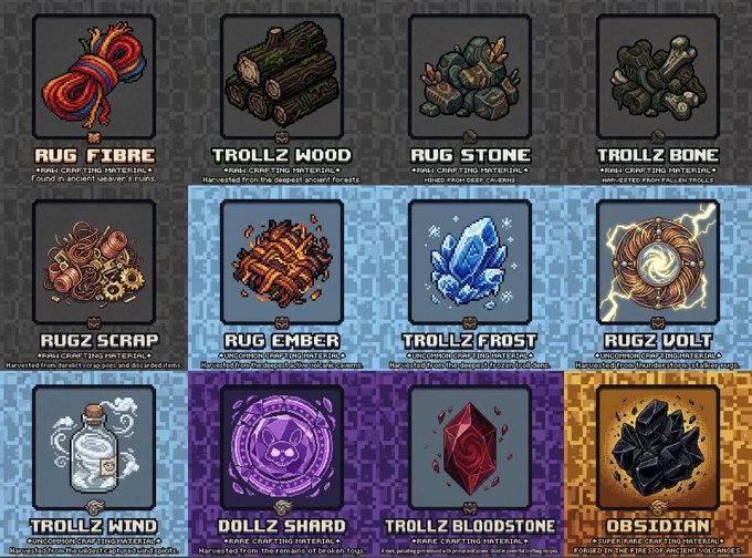 A grid of pixel-art game items including fibers, wood, stones, bones, scrap, ember, frost, volt, wind, shard, bloodstone, and obsidian, each labeled 'RUG CRAFTING MATERIAL'.