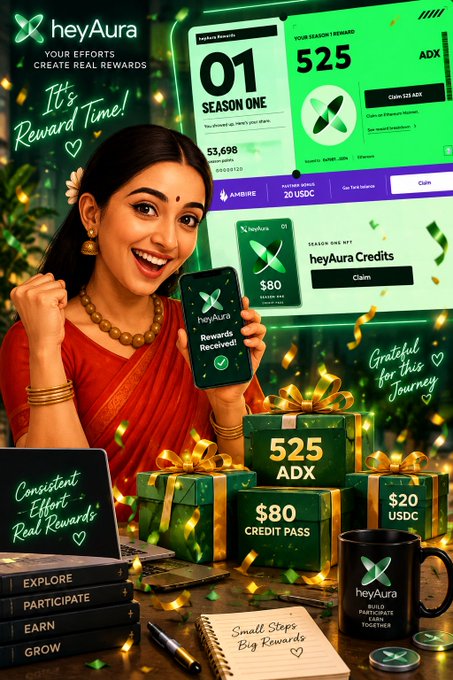 A promotional graphic for "heyAura" featuring a smiling woman in a red sari holding a phone displaying a rewards notification, surrounded by gift boxes labeled "525 ADX," "$80 CREDIT PASS," and "$20 USDC," with text reading "It's Reward Time!" and "Grateful for this Journey."
