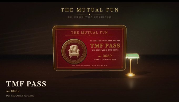 A digital 'TMF PASS' certificate No. 0069 from 'The Mutual Fun' subscription desk, displayed on a desk with a green lamp.