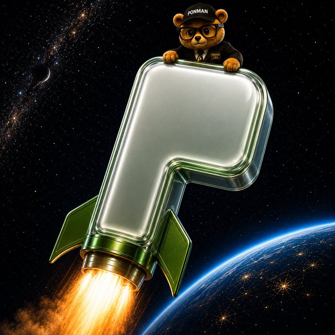 A digital illustration of a bear wearing glasses and a cap labeled 'PONMAN' riding a large, metallic rocket shaped like the letter 'F' through space, with Earth and a moon visible in the background.
