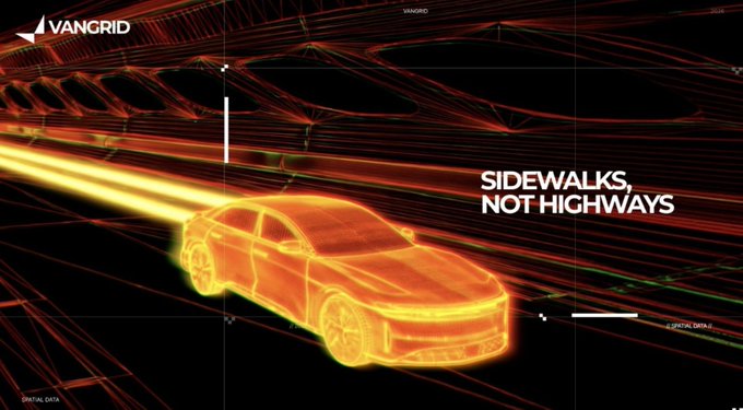 A VanGrid promotional graphic showing a glowing orange wireframe car driving on a red-lit highway with the tagline 'SIDEWALKS, NOT HIGHWAYS.'
