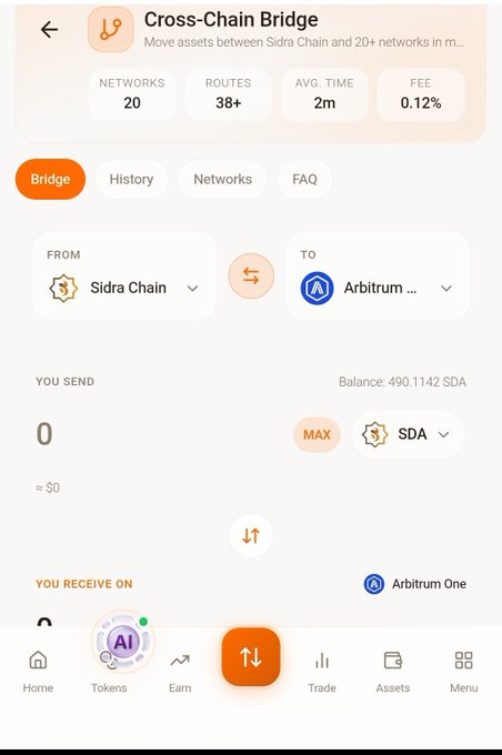 The image displays the Cross-Chain Bridge interface on the Sidra Chain app, featuring options to bridge assets from Sidra Chain to Arbitrum One, with stats showing 20 networks, 38+ routes, 2-minute average time, and a 0.12% fee, along with a user balance of 490.1142 SDA. This relates to the post announcing that Sidra Chain's cross-chain functionality has launched on the app, with a balance shown indicating active user engagement with the new feature.