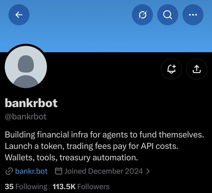 X/Twitter profile page for bankrbot (@bankrbot), a self-described builder of financial infrastructure for AI agents, with 113.5K followers and a bio linking to bankr.bot.