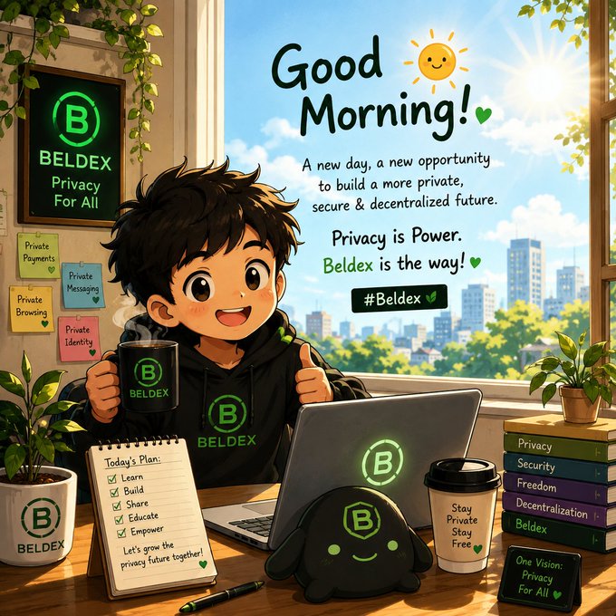 An anime-style illustration promoting Beldex with the text 'Good Morning! A new day, a new opportunity to build a more private, secure & decentralized future. Privacy is Power. Beldex is the way! #Beldex'.