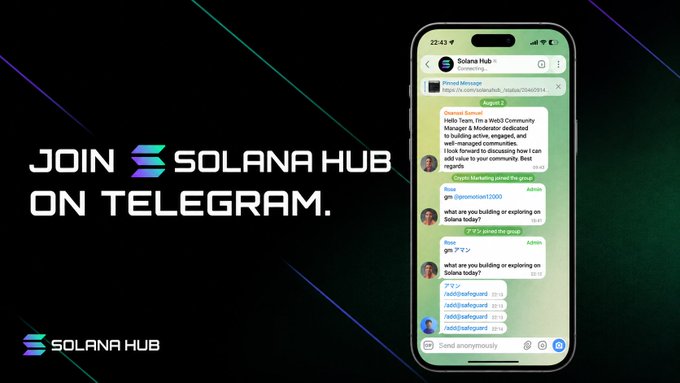 Promotional graphic reading 'JOIN SOLANA HUB ON TELEGRAM' with the Solana logo, displayed next to a smartphone showing a Telegram chat interface for the Solana Hub community.