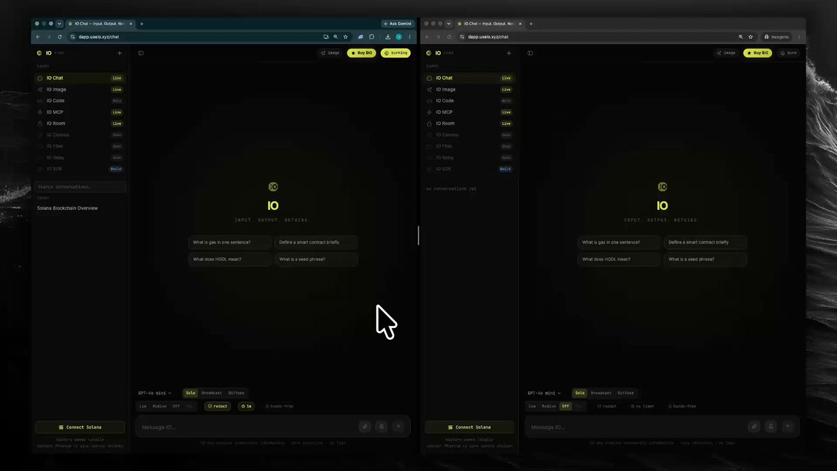 The image shows two computer screens side by side, both displaying a website with yellow text. The screens are positioned at different angles, creating an interesting visual effect. The background of each screen has a black and white color scheme, which contrasts with the yellow text on the screens. The screens display information about a company called $IO - @useioxyz, suggesting that they might be working on some impressive DeAI infrastructure or projects related to artificial intelligence.