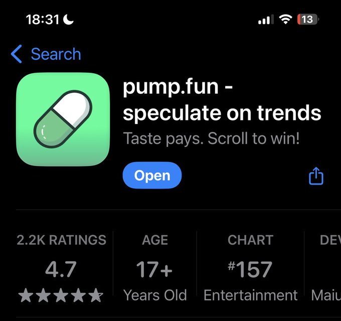 An Apple App Store listing for pump.fun app with tagline "speculate on trends - Taste pays. Scroll to win!" showing 4.7 rating with 2.2K ratings, age 17+, ranked #157 in Entertainment.