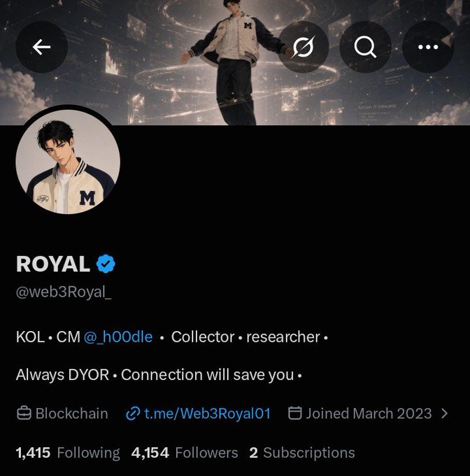 A Twitter profile for 'ROYAL' (@web3Royal_) describing themselves as a KOL, CM @_h00dle, Collector, and researcher, with 1,415 Following, 4,154 Followers, and 2 Subscriptions, joined March 2023.