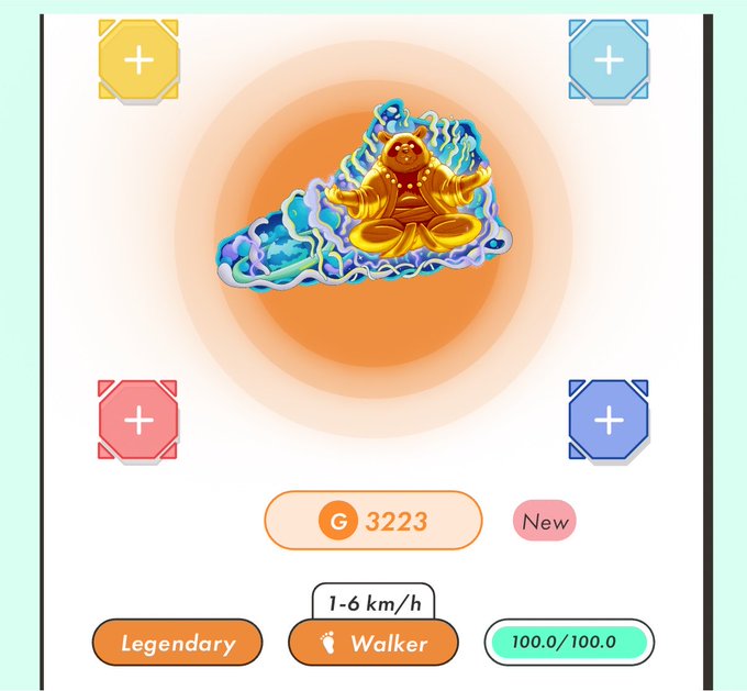 A digital collectible card interface showing a golden Buddha figure on a colorful cloud background, with 'Legendary' rarity, 'Walker' class, and stats showing 1-6 km/h and 100.0/100.0 health.