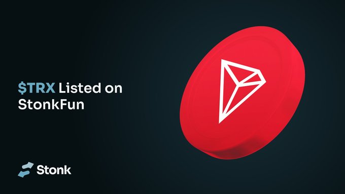 A promotional image for StonkFun announces that "$TRX Listed on StonkFun," featuring a large red TRX (Tron) logo on a dark background with the Stonk branding. The graphic visually highlights the new ability to launch coins paired with the TRX token from Tron DAO on the StonkFun platform, as mentioned in the post.