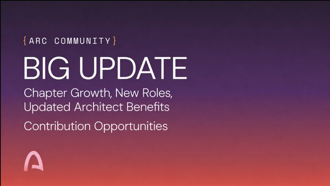 A promotional graphic with text '{ARC COMMUNITY} BIG UPDATE Chapter Growth, New Roles, Updated Architect Benefits Contribution Opportunities' on a gradient background.
