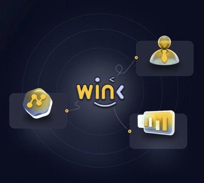 A graphic illustration displays the "WINkLink" logo at the center, surrounded by three orbiting 3D icons representing data services: a person (verification), a network node symbol, and a battery (data output), set against a dark background with circular orbital lines. The design visually represents the post's message about building a trusted on-chain data ecosystem for DeFi protocols, symbolizing the interconnected data sources and verification needed for reliable smart contract execution.