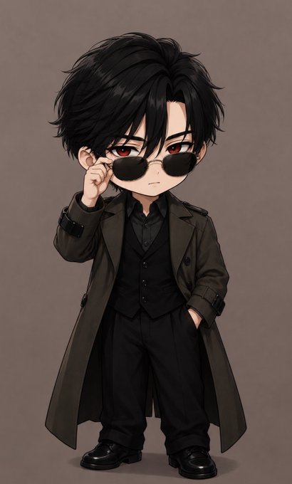 An anime-style chibi illustration of a young boy with messy black hair, red eyes, and sunglasses, wearing a black shirt, vest, trousers, and a long dark coat.