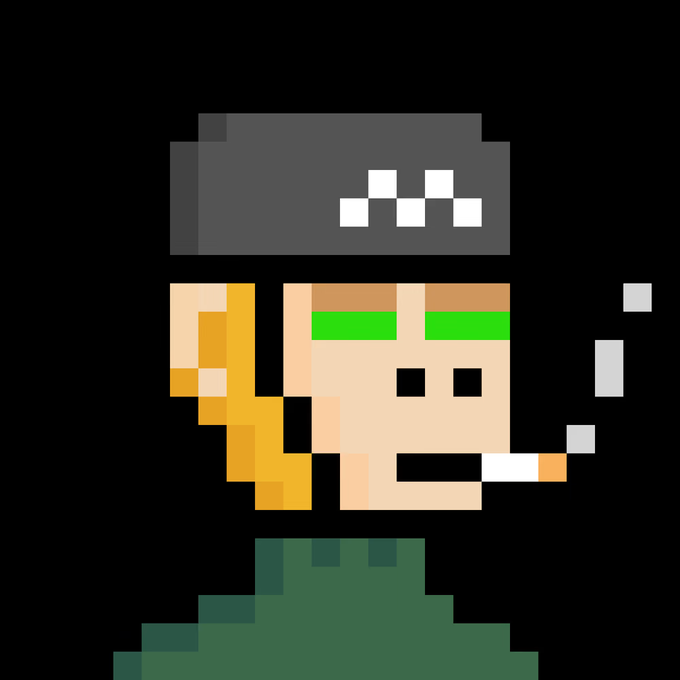 A pixel art illustration of a character wearing a dark beanie with a white symbol and a green shirt, depicted smoking a cigarette with smoke rising.