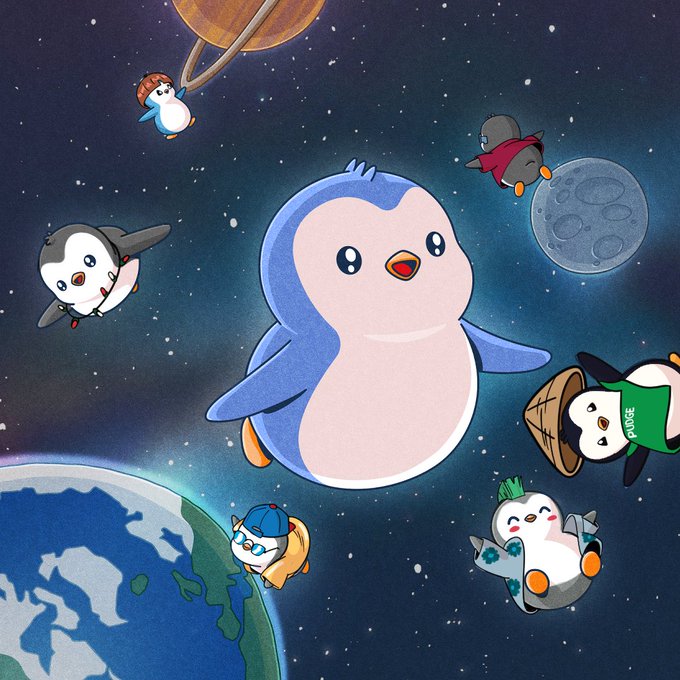 The illustration shows cute cartoon penguins floating through outer space alongside planets, moons, and stars, with one wearing a green shirt labeled "PUDGE." The whimsical scene of penguins soaring through the cosmos visually represents the post's bullish sentiment about the Pudgy Penguins ($PENGU) NFT project rebounding quickly once the crypto market bottoms.