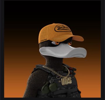 The image features a 3D-rendered anthropomorphic duck character wearing a "Von Dutch" cap, tactical vest, and a "UGLY" gold chain, symbolizing the user's pride in the UGLYDUCKLABZ community and their growing collection of 56 duck-themed NFTs.