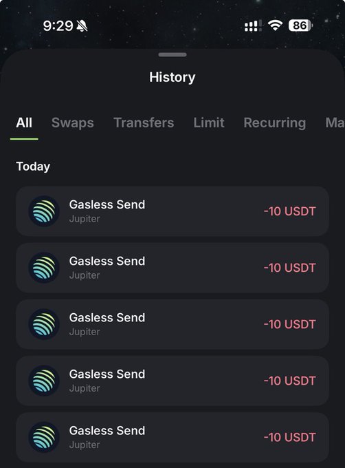 A mobile screenshot of a cryptocurrency transaction history page showing five "Gasless Send" transactions via Jupiter, each displaying "-10 USDT" sent today, corresponding to the $10 USDT transfers mentioned to the five recipients tagged in the post.
