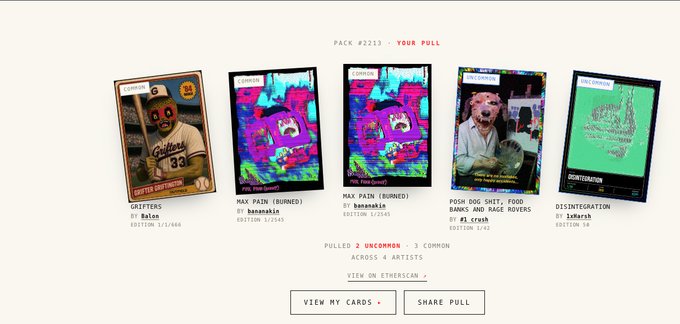 A digital collection page titled 'PACK #1213 · YOUR PULL' displaying five glitch-style digital trading cards from UNCOMMON / COPROM.