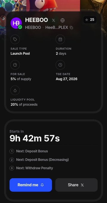 A mobile app screen showing a "HEEBOO" token launch pool on a "PHEEBOO" platform with a countdown timer of 9h 42m 57s, TGE date Aug 27, 2026, and "5% of supply" for sale.