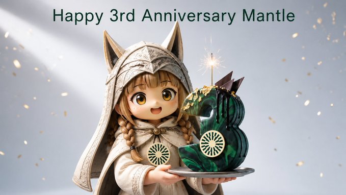 A chibi-style figure with fox ears and a hooded cloak holds a sparkler-topped green marble anniversary cake, with text reading "Happy 3rd Anniversary Mantle" displayed above. The image serves as a festive template celebrating Mantle's 3rd anniversary, designed for users to combine with their own PFP.