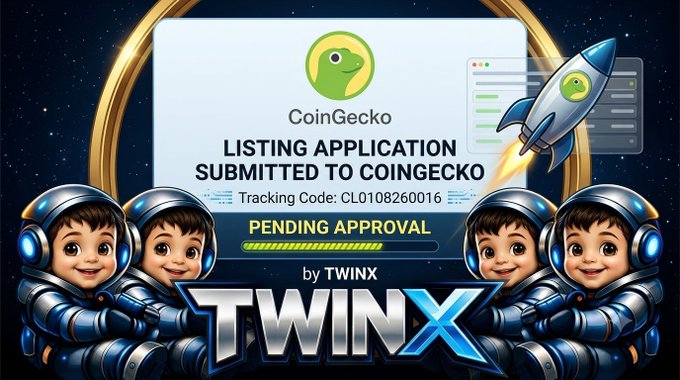 A graphic announcement for 'TWINX' showing a 'CoinGecko LISTING APPLICATION SUBMITTED TO COINGECKO' with tracking code CL0108260016 and 'PENDING APPROVAL', flanked by cartoon twin boys in astronaut suits.