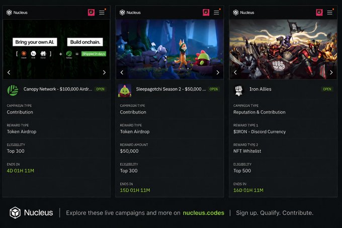 The image displays the Nucleus platform homepage featuring three active campaigns: Canopy Network ($100,000 Token Airdrop, Top 300, ending in 4 days), Sleepagotchi Season 2 ($50,000 Token Airdrop, Top 300, ending in 15 days), and Iron Allies ($IRON/NFT Whitelist, Top 500, ending in 16 days). This directly supports the post's message by visually demonstrating that live Web3 contribution opportunities with substantial token rewards are actively available on Nucleus.codes, countering the narrative that "there is nothing to do."