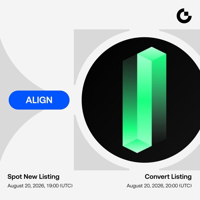 Gate.io announces the initial listing of $ALIGN (AlignedLayer), with spot trading for the $ALIGN/USDT pair beginning at 19:00 UTC on August 20, 2026, followed by zero-fee conversions starting at 20:00 UTC.