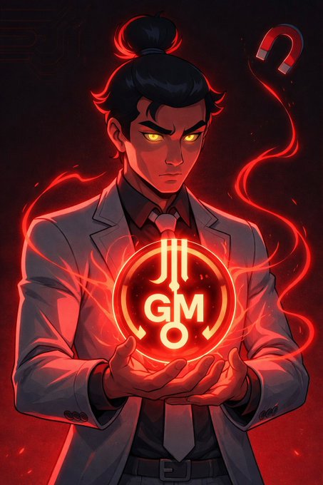 A stylized anime-style illustration depicts a serious man with a topknot and glowing yellow eyes wearing a suit, holding a glowing red circular emblem with 'GM' inscribed in the center.