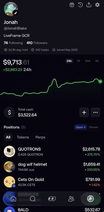 A trading portfolio profile for 'Jonah (@JonahBlake)' on LiveFrame GCR shows a portfolio value of $9,713.61, up $2,983.23 in 24h, with top positions including QUOTRONS, dog wif helmet, and Cats On Gold.