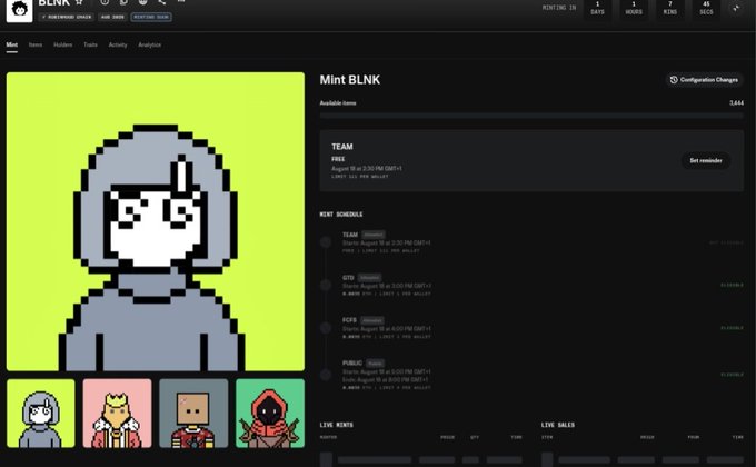 A cryptocurrency/NFT minting interface for 'BLNK' displaying pixel-art character avatars on a neon green background with mint schedule and team information.