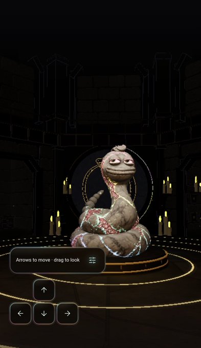A serene statue of a meditative Slime creature, adorned with glowing mystical rings and surrounded by lit candles in a dark temple setting. An on-screen prompt reads "Arrows to move · drag to look," reflecting the user's playful "Slippy Club" membership through the iconic serene slime character.