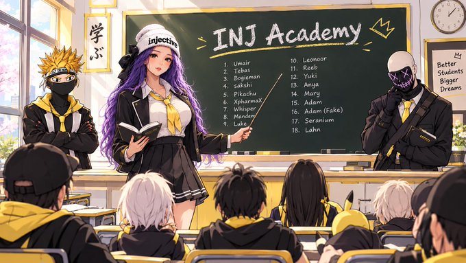 An anime-style illustration titled 'INJ Academy' featuring a purple-haired teacher in front of a chalkboard listing 18 students, with other anime characters (including a masked figure and a skeleton-like character) around the classroom.