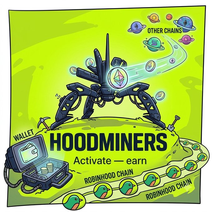 A promotional graphic for 'HOODMINERS' on Robinhood Chain featuring a mining machine, wallet, and the tagline 'Activate — earn' on a green background.