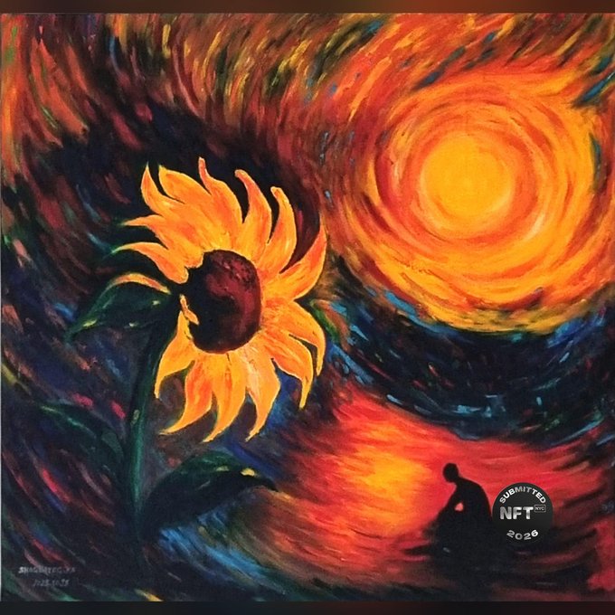 A painting in the style of Vincent van Gogh's 'Starry Night' featuring a large sunflower and a bright swirling sun, with a silhouette of a person sitting and an 'SUBMITTED NFT 2026' watermark.