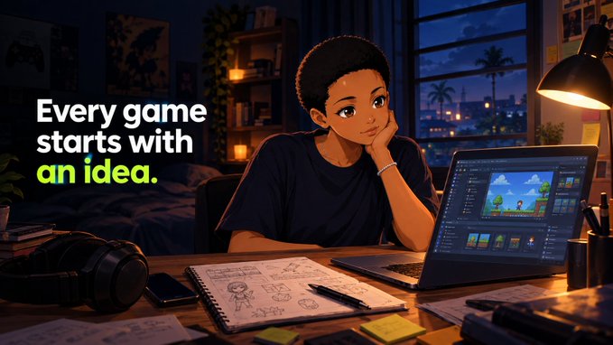 Illustration of a young person working on a game design project at a desk with a laptop displaying a game scene, with the text 'Every game starts with an idea' overlaid on the image.