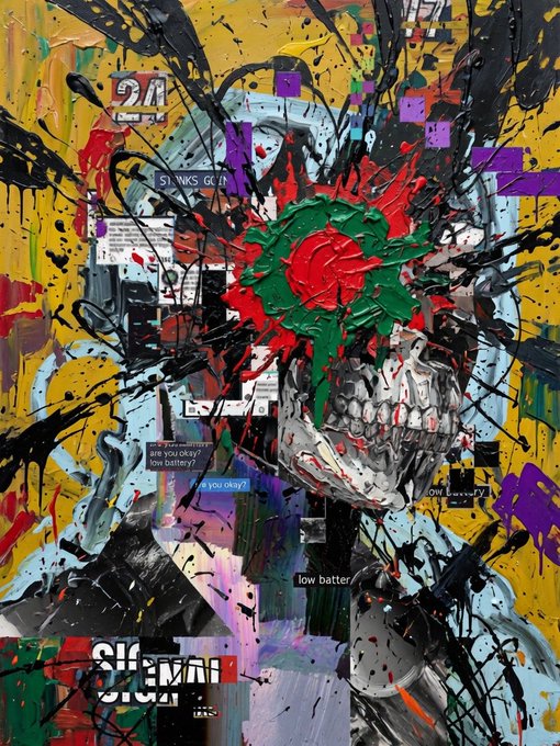 Abstract mixed-media artwork featuring a skull with a red and green flower on its forehead, splattered paint, and various text fragments like "ST. NICKS GE 2F" and "low battery."