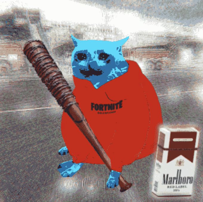 Edgy illustration of a blue cat-like creature wearing a red Fortnite hoodie, holding a baseball bat, with a pack of Marlboro Red Label cigarettes beside it against a distorted urban background.
