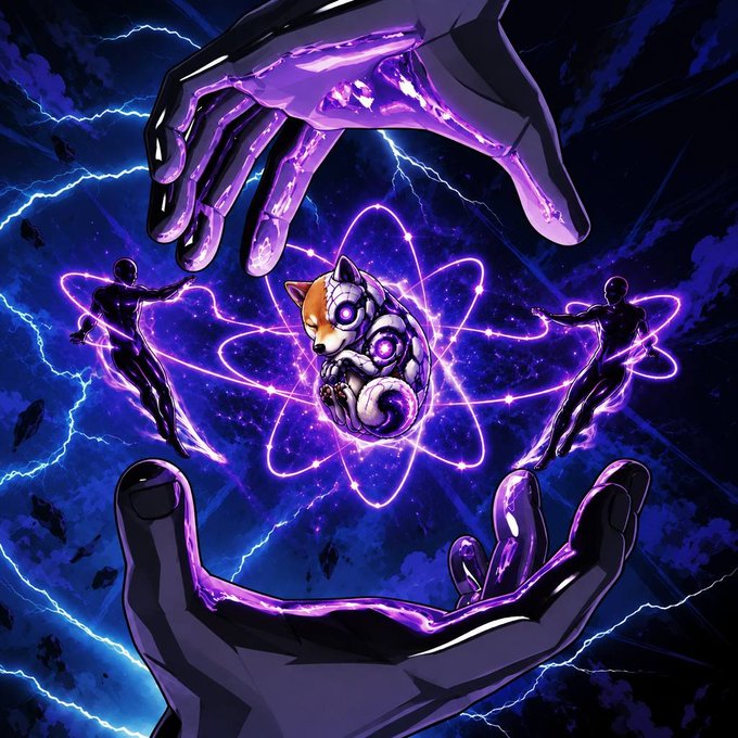 A digital artwork showing two large purple-glowing hands framing a central cat-like figure surrounded by atomic orbital rings, with two silhouetted human figures and lightning in a dark cosmic background.