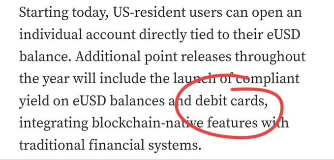 The image shows a red circle with white text that says "Starting today, US-resident users can open an individual account directly tied to their EUSD balance." The text also mentions that there are additional point releases throughout the year for compliant yield on EUSD balances and debit cards.