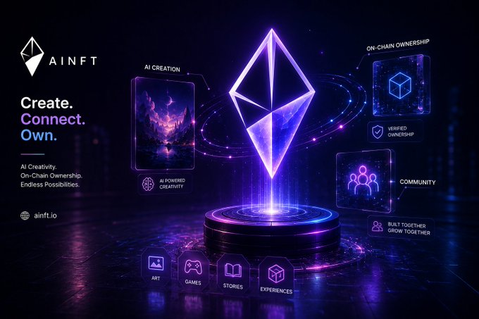 Promotional graphic for AINFT (ainft.io) featuring the tagline 'Create. Connect. Own.' with sections highlighting AI Creation, On-Chain Ownership, Community, and categories like Art, Games, Stories, and Experiences.