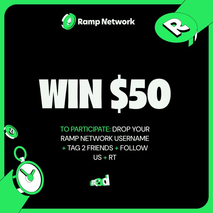 A promotional graphic with a black background and neon green accents from 'Ramp Network' advertising a contest to 'WIN $50', instructing participants to drop their Ramp Network username, tag two friends, and follow and retweet.