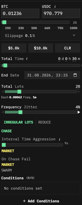 The image shows a cryptocurrency trading bot configuration interface for executing BTC purchases with USDC, displaying 20 lots of 0.00062 BTC each ($10.0k), set to run over 30 minutes with 4% frequency jitter and a 9-second interval time aggression setting. The trading parameters suggest an automated dollar-cost averaging strategy, humorously implying that Michael Saylor (known for his massive Bitcoin accumulation strategy) could benefit from using this sophisticated BTC buying tool.