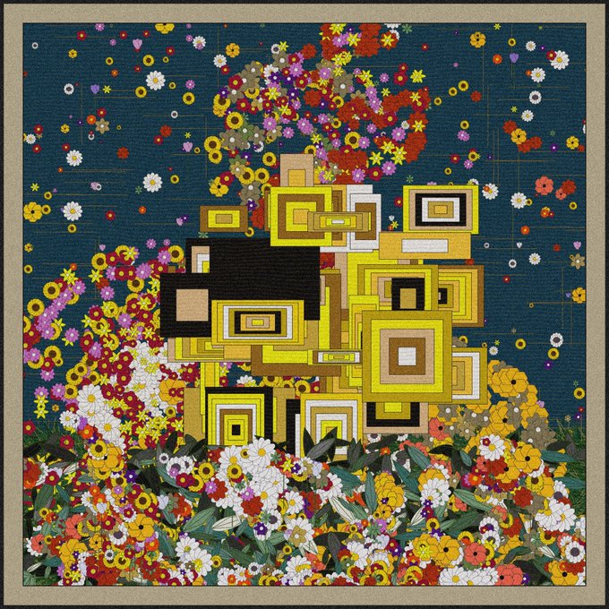 A vibrant, colorful artwork featuring abstract geometric shapes in yellow, black, and white surrounded by a dense, painterly background of various flowers.