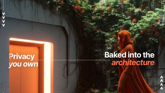 The image features an orange hooded figure walking through a doorway that has a "Good morning champs On" caption above it. The caption reads, "Privacy is the architecture, not just a feature. ARC is a frontier-scale AI platform built with a solid privacy structure. Encryption is the substrate on ARC, everything else runs on it. Memory is encrypted client-side under keys derived".