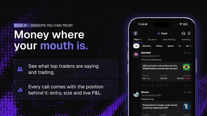 Advertisement for 'EDGE #1' featuring the tagline 'Money where your mouth is,' displaying a mobile app feed interface with trading calls and user posts.