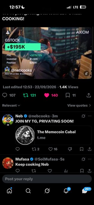 A screenshot of a social media post titled 'COOKING!' showing a stock trader achievement for '$GSTOCK' with +$195K profit, posted by user 'Neb' (@nebcooks).