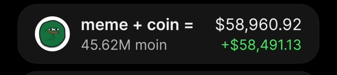 A mobile app notification showing a meme coin portfolio update: "meme + coin =" with 45.62M moin, valued at $58,960.92, up +$58,491.13.