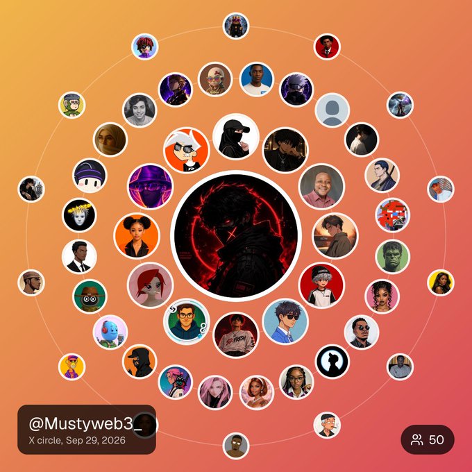 An X Circle post by @Mustyweb3 dated Sep 29, 2026, showing a central avatar surrounded by 50 connected member avatars on an orange gradient background.